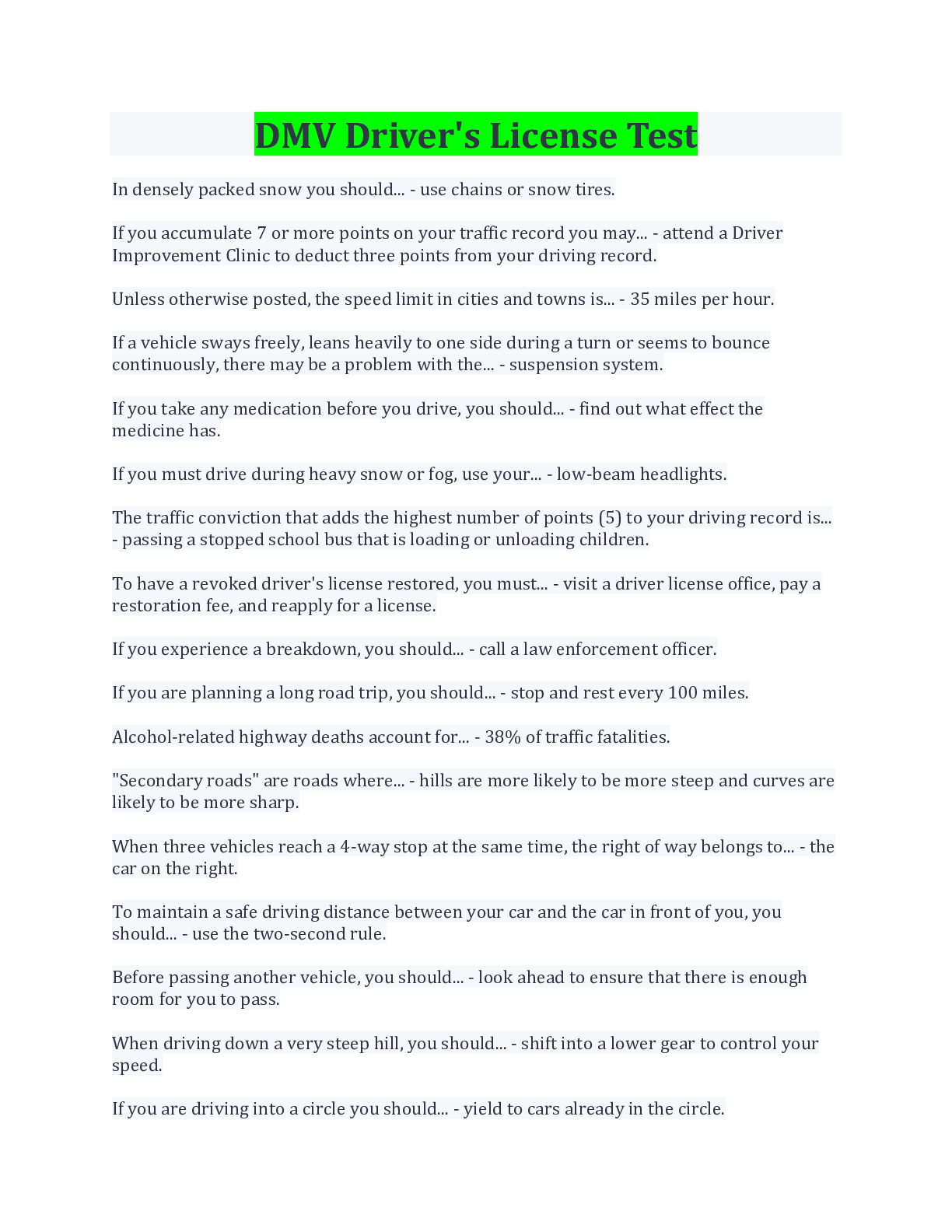 DMV Driver's License Test (Latest 2022/2023) 100 Correct Browsegrades